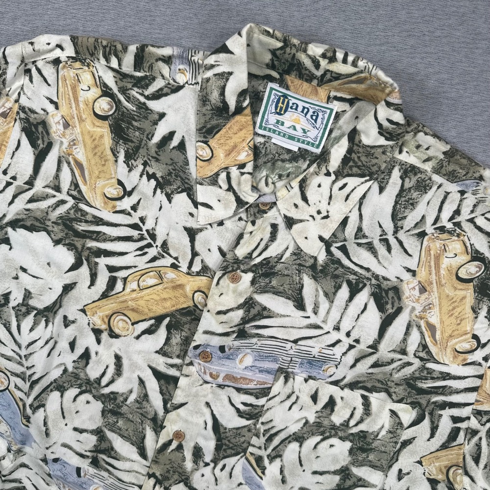 Hana Bay Island Style Shirt‎ Mens 2XL Vintage Car Tropical Leaf AOP Button Up